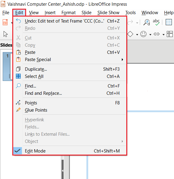 LibreOffice Impress Edit Menu
