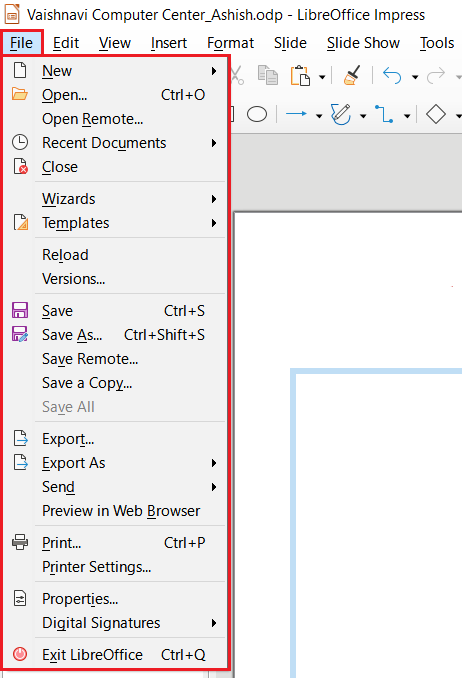 LibreOffice Impress File Menu