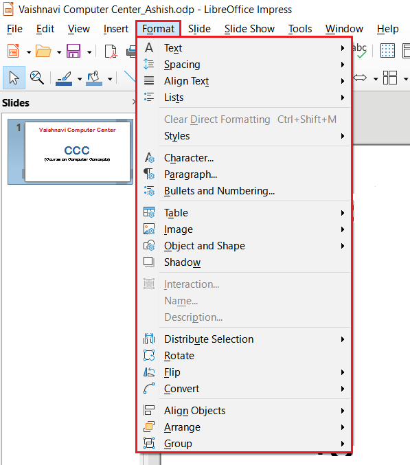 LibreOffice Impress Format Menu