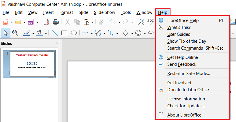 LibreOffice Impress Help Menu