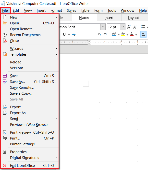 LibreOffice Writer File Menu