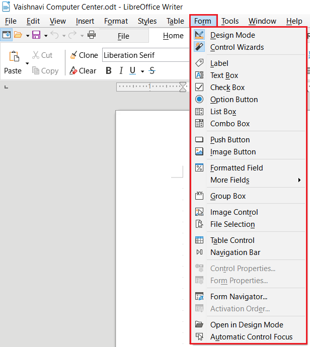 LibreOffice Writer Form Menu