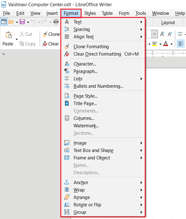 LibreOffice Writer Format Menu