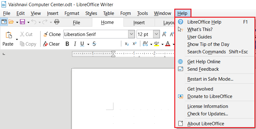 LibreOffice Writer Help Menu