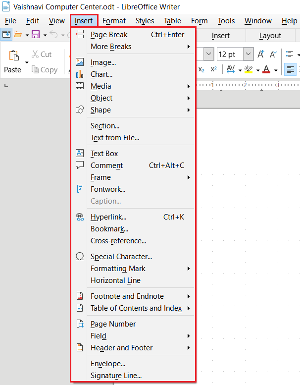 LibreOffice Writer Insert Menu