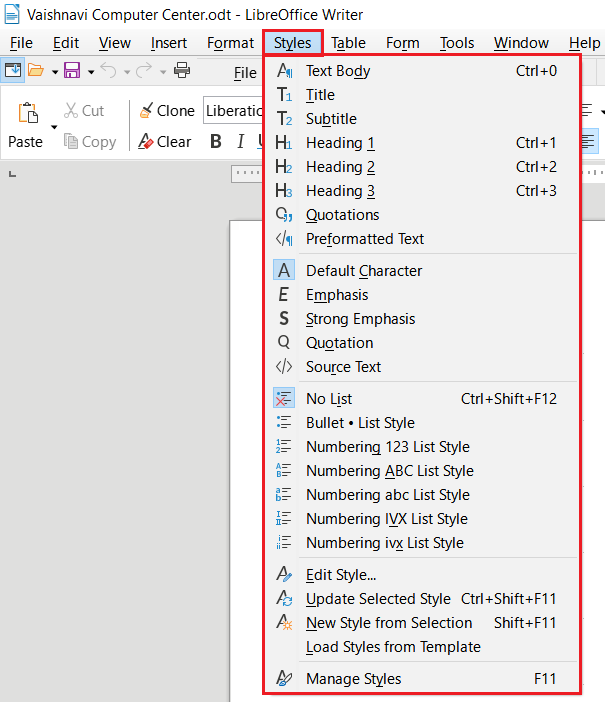 LibreOffice Writer Styles Menu