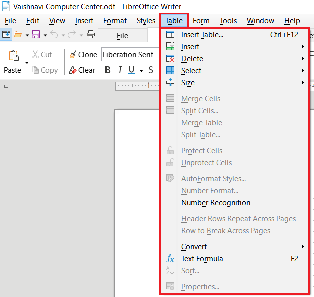 LibreOffice Writer Table Menu
