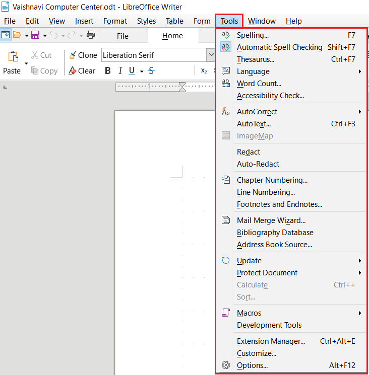 LibreOffice Writer Tools Menu