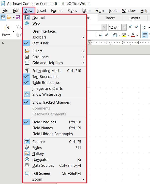 LibreOffice Writer View Menu