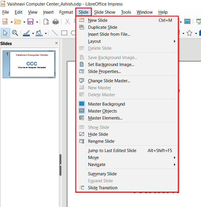 LibreOffice Impress Slide Menu