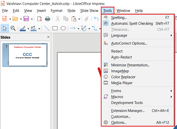 LibreOffice Impress Tools Menu
