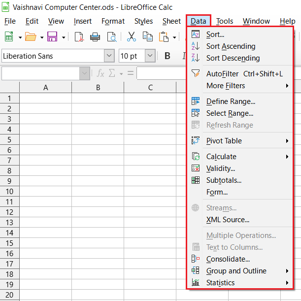 LibreOffice Calc Data Menu