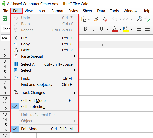 LibreOffice Calc Edit Menu