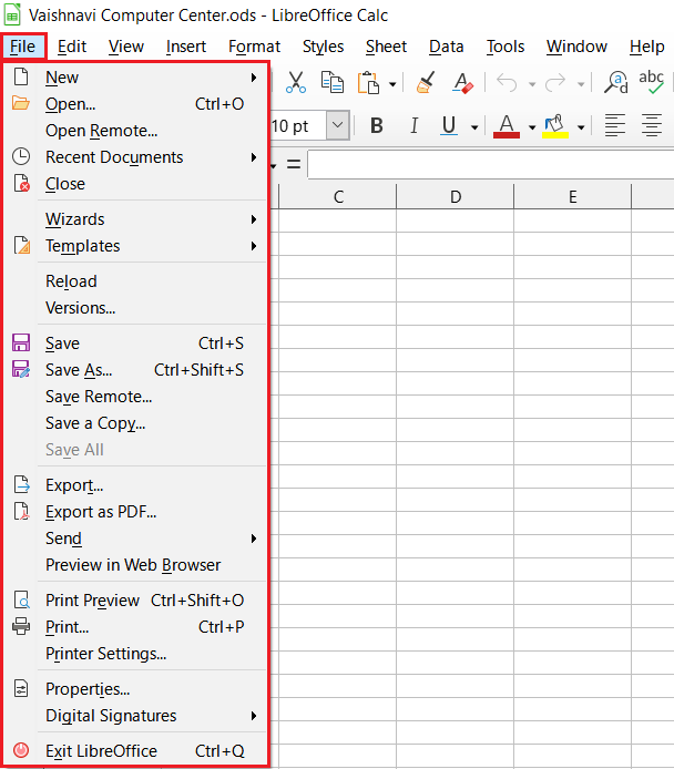 LibreOffice Calc File Menu