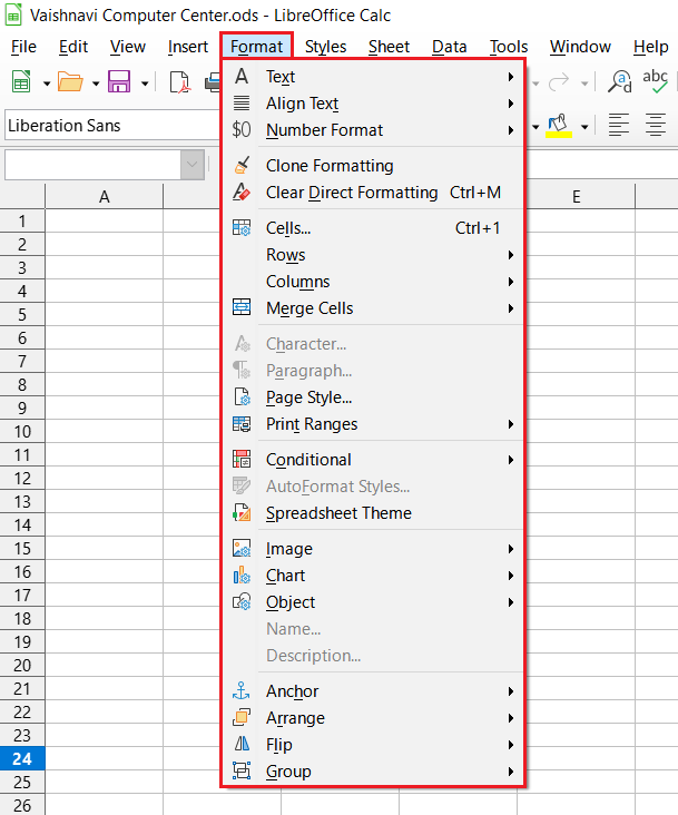 LibreOffice Calc Format Menu