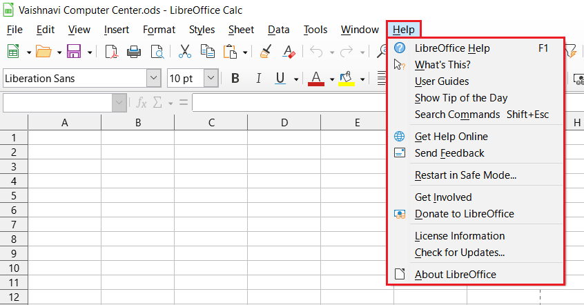 LibreOffice Calc Help Menu