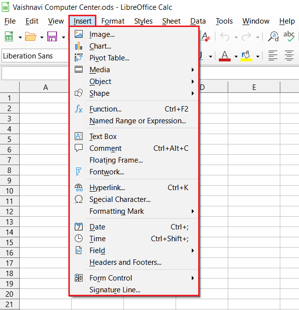 LibreOffice Calc Insert Menu