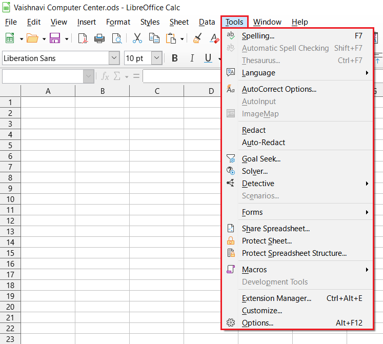 LibreOffice Calc Tools Menu