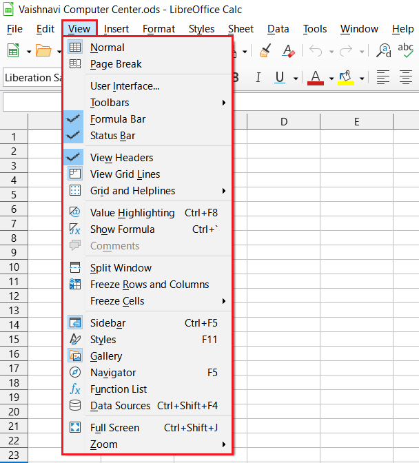 LibreOffice Calc View Menu